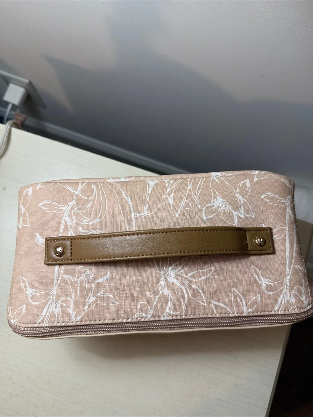 Beige Floral Cosmetic Case with Tan Handle